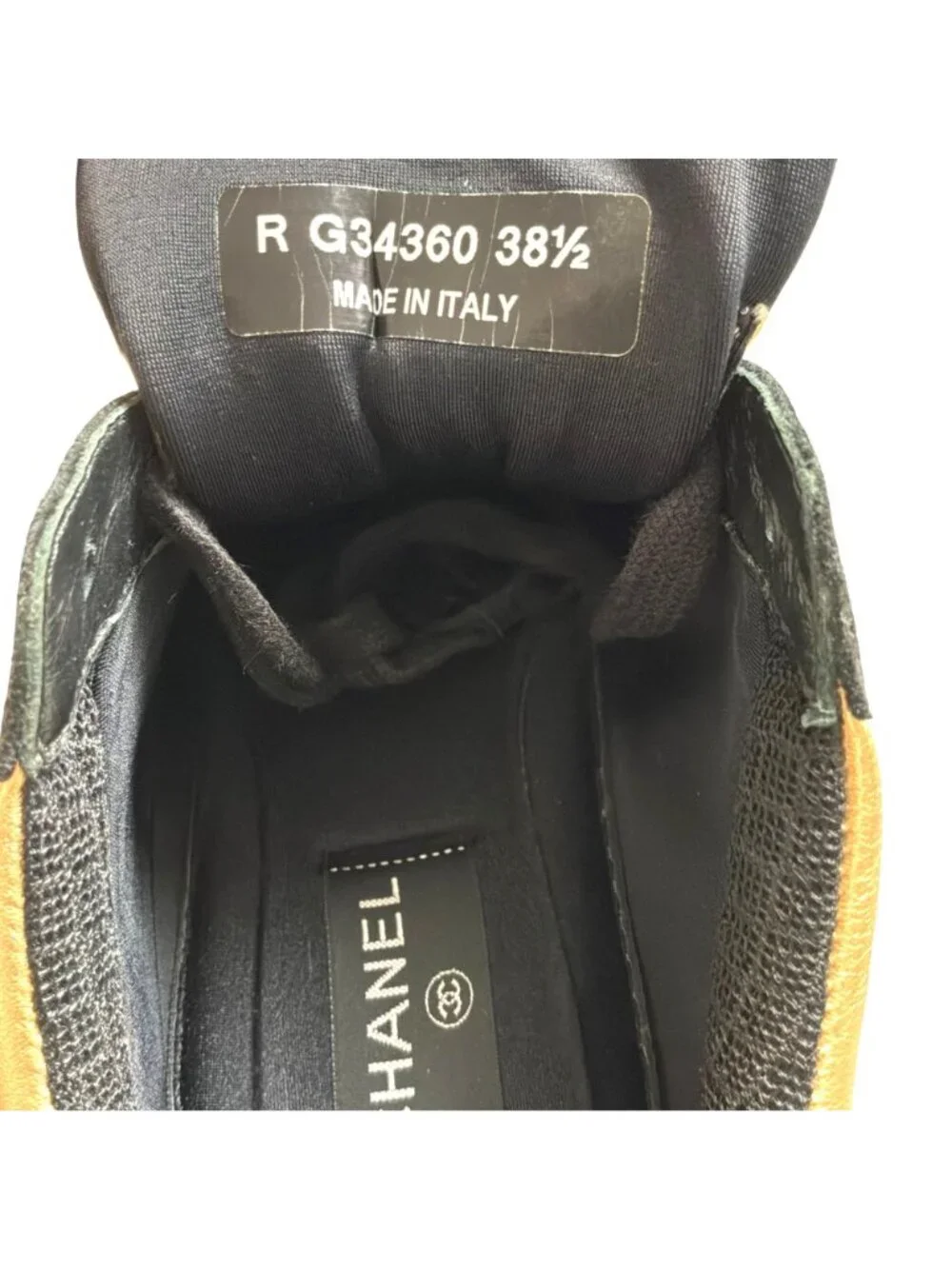 CHANEL Metallic Gold Fabric & Black Suede Leather Croc Embossed  CC Sneaker 8.5